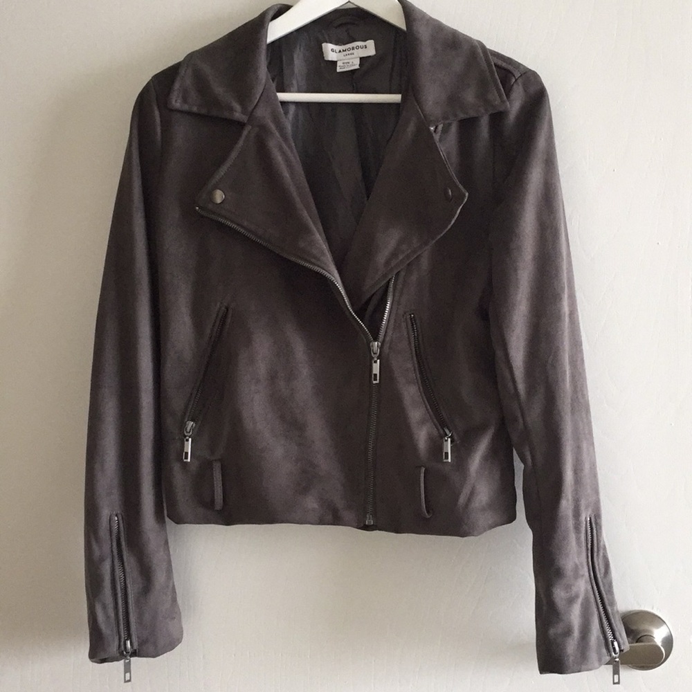 Grey Faux Suede Moto Jacket